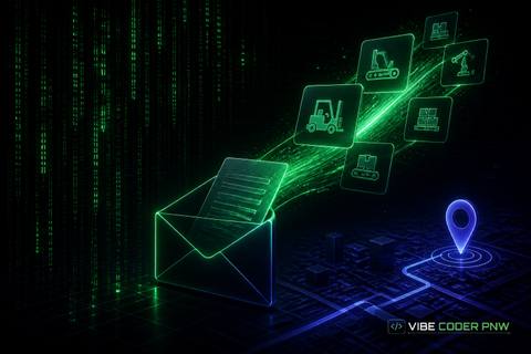 A dark green terminal background with glowing abstract line graphs and digital intake form elements.