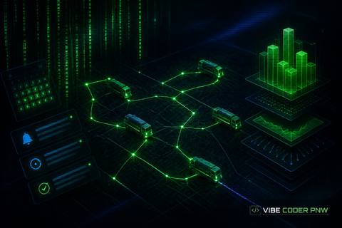 A dark green terminal screen displaying glowing route paths and vector icons representing septic service scheduling software.